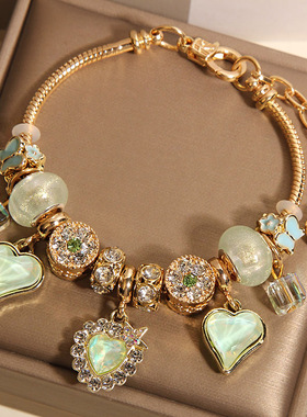 新中式柠檬绿琉璃珠手链女轻奢小众高级感气质百搭爱心吊坠手串潮