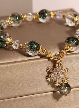 绿幽灵水晶手链女夏雪花吊坠手串
