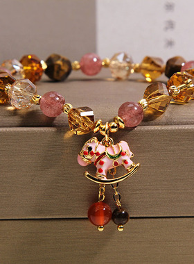 美拉德虎眼石海蓝宝串珠手链新中式蓝色小马吊坠复古小众百搭手串