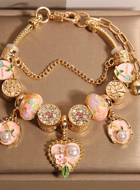 新中式蓝色琉璃珠手链女轻奢小众高级感气质百搭爱心花朵吊坠手串