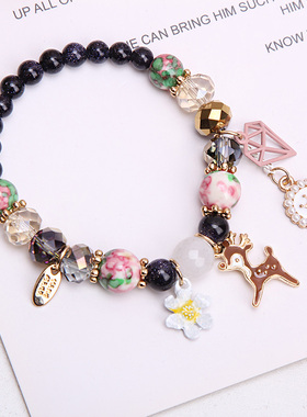 东大门韩国粉色花朵小鹿水晶手链