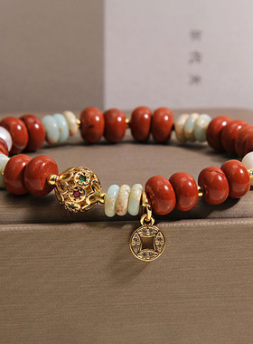 新中式红石算盘珠手链女国风寿山石算盘珠手串招财钱币吊坠手饰品