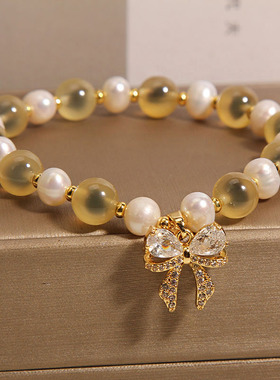 黄色糖心玛瑙手链锆石蝴蝶结手串