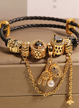 新中式黑色水晶转运珠手链女轻奢小众高级感气质百搭小熊吊坠手串