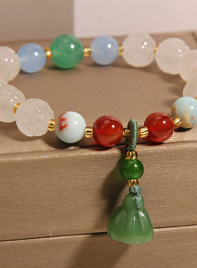 白玉莲花菩提手链女多宝玉石手串