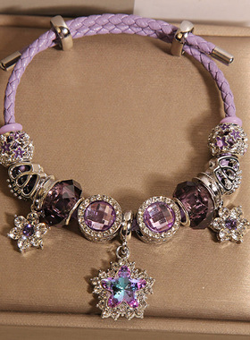 新中式紫色琉璃珠皮绳手镯女轻奢小众高级感紫水晶五角星手链手环