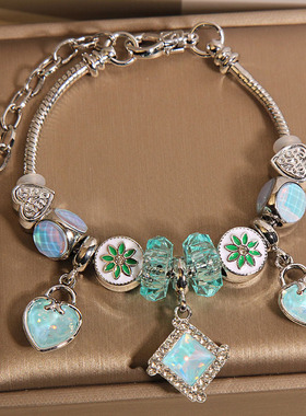 高级感小清新手链女韩版ins小众轻奢森系蓝色爱心锁吊坠手串手环