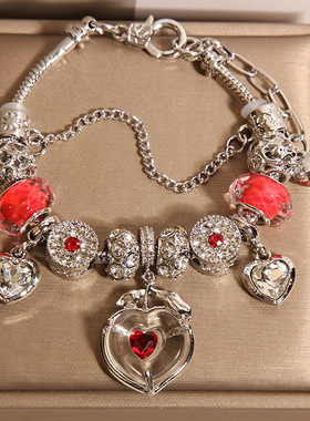 新中式红色琉璃珠手链女轻奢小众高级感气质百搭爱心吊坠手串手环