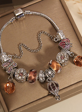 经典热气球手链女咖色琉璃珠手镯