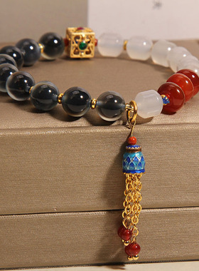 蓝色糖心玛瑙手链女白玛瑙手串