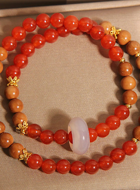 新中式红玛瑙双圈手链女轻奢小众高级感库克跑环叠戴水晶手串手环