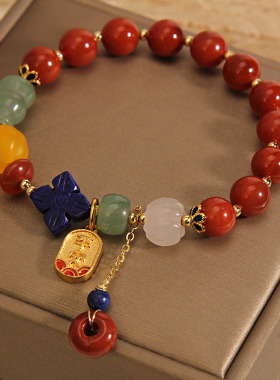 南红玛瑙和田玉葫芦平安扣手链女