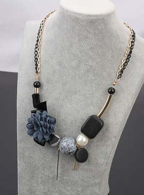 蓝色山茶花珍珠韩版气质挂件项链