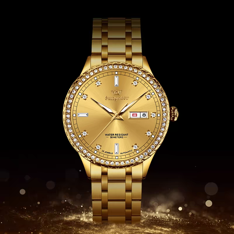 Sungoder/萨提亚官网正品钻面全金色商务全自动机械手表 - 图1