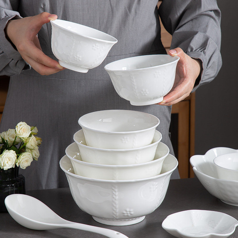 米饭碗家用白色浮雕汤碗碟盘子勺子陶瓷餐具套装微波炉洗碗机专用