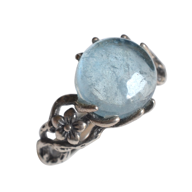 Retro S925 silver aquamarine flower ring for women