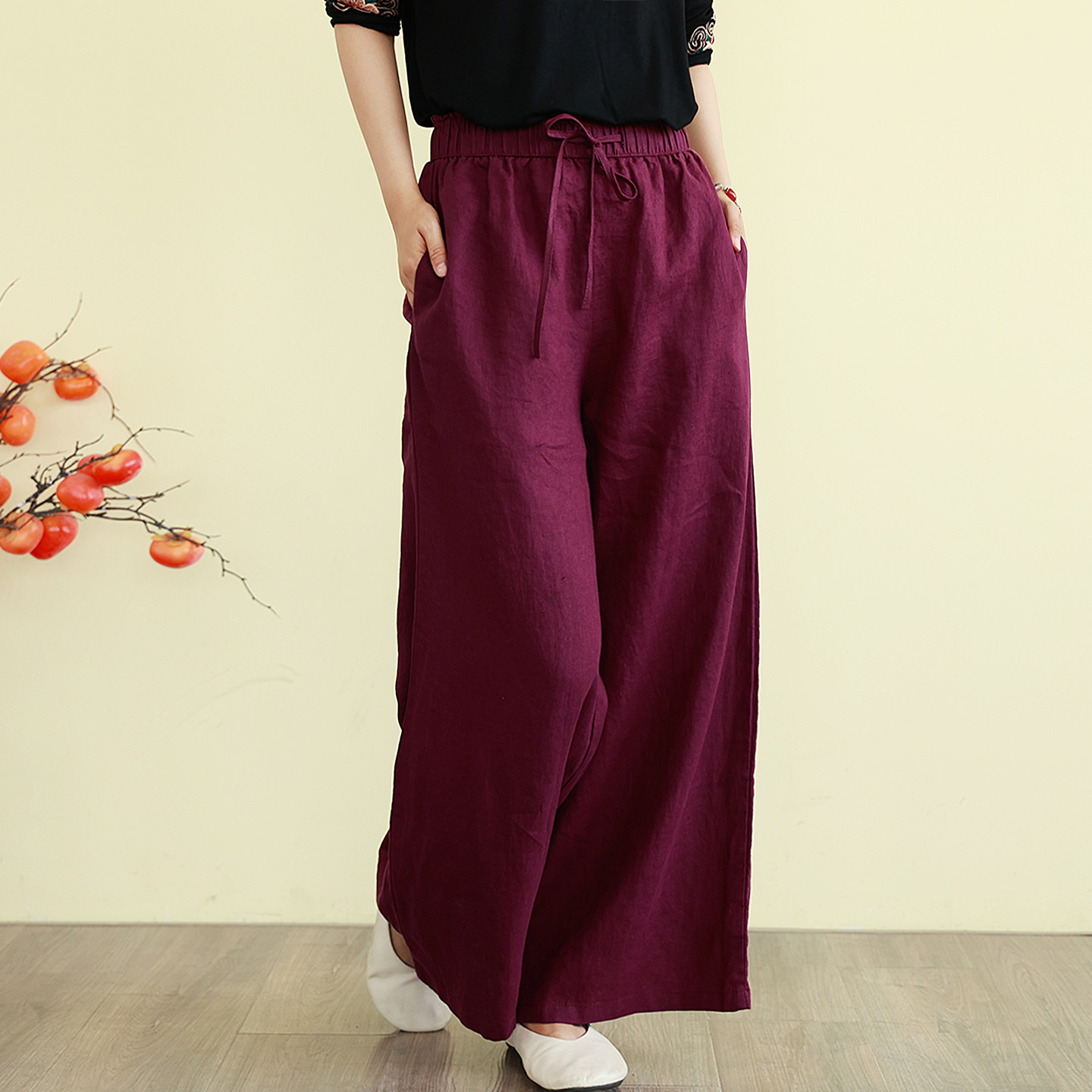 文艺休闲纯色亚麻阔腿裤女夏春款宽松时尚百搭松紧腰休闲裤长裤子,淘宝优惠券,粉丝福利购,淘宝优惠卷