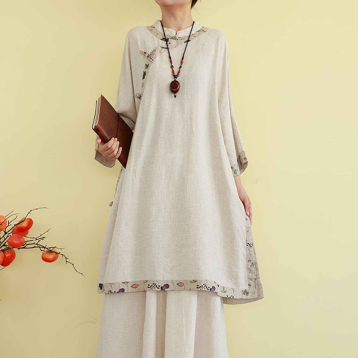 复古民国风亚麻盘扣衬衫女装春夏中长款立领上衣宽松禅意茶服拼接