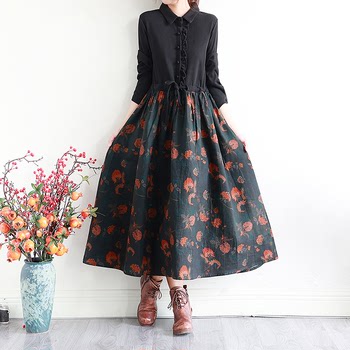 ແຂບເຊື້ອເຫັດ Retro knitted dress ຂອງແມ່ຍິງດູໃບໄມ້ລົ່ນແລະລະດູຫນາວ linen ຝ້າຍຫນາເສື້ອ skirt ຍາວພິມ lace ວ່າງແລະບາງ.