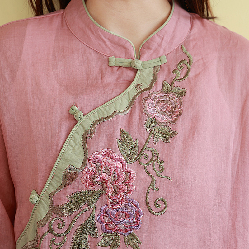 复古民国风纯苎麻刺绣衬衫女装春夏季中长款立领上衣宽松禅意茶服