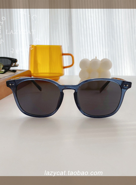 方圆脸墨镜女复古铆钉蓝色偏光镜