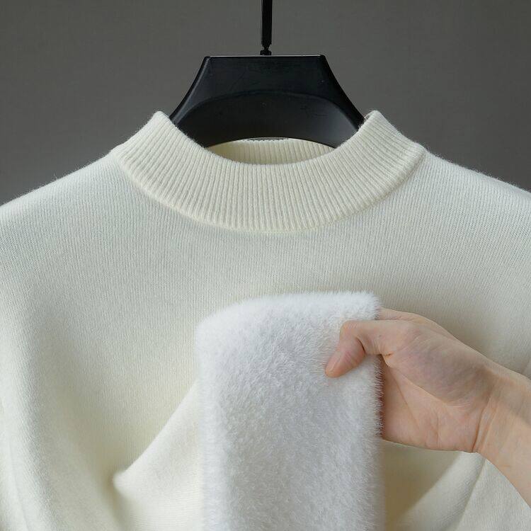 濮院羊毛衫男款一体绒园领毛衣针织衫不起球纯色百搭打底保暖上衣