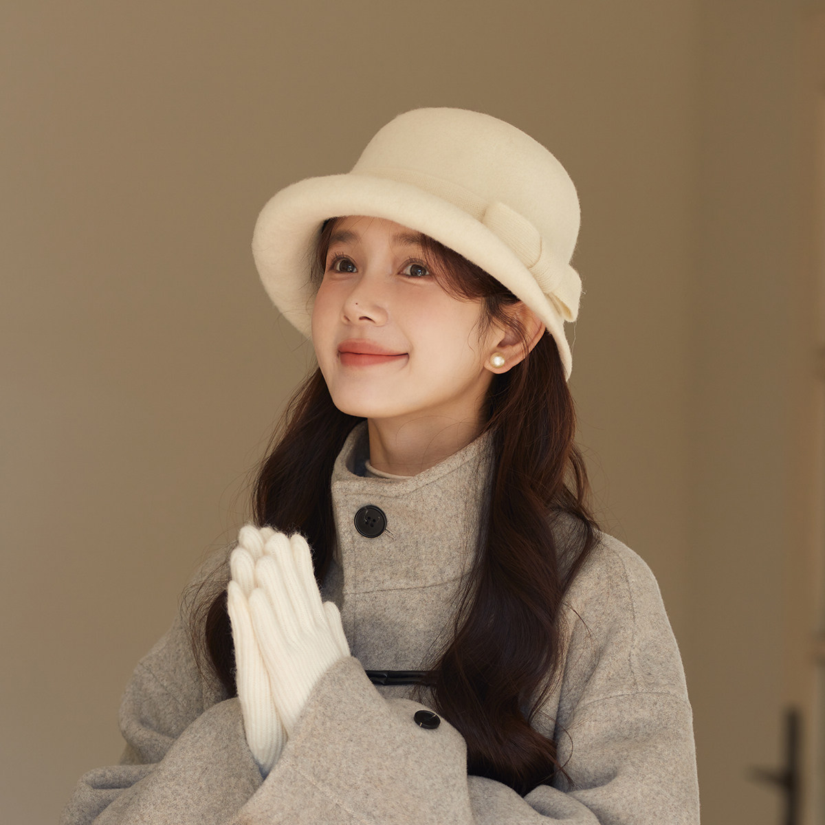 赫本风蝴蝶结毛呢渔夫帽女气质黑色盆帽韩版优雅圆顶礼帽悬崖之上