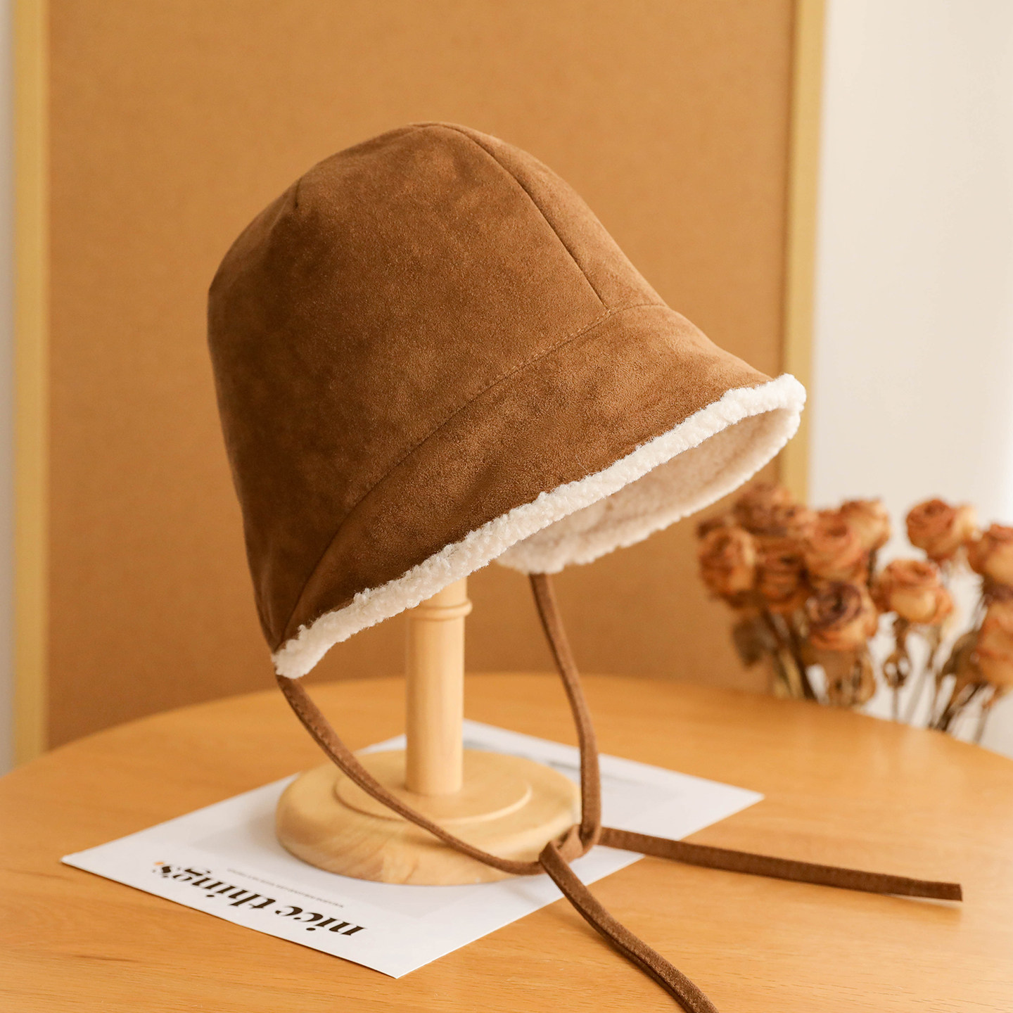 韩系纯色麂皮绒渔夫帽冬季加厚羊羔绒保暖盆帽复古百搭系带护耳帽,淘宝优惠券,粉丝福利购,淘宝优惠卷