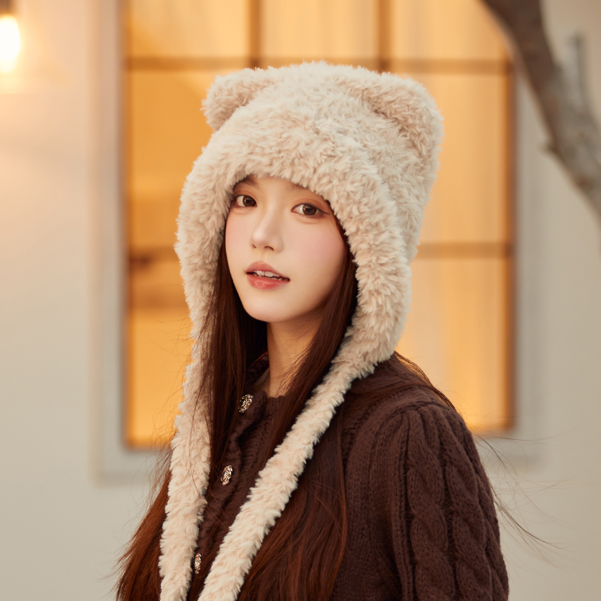 小熊耳朵毛绒帽子女冬天绑带护耳保暖雷锋帽甜美可爱显脸小毛线帽 - 图1