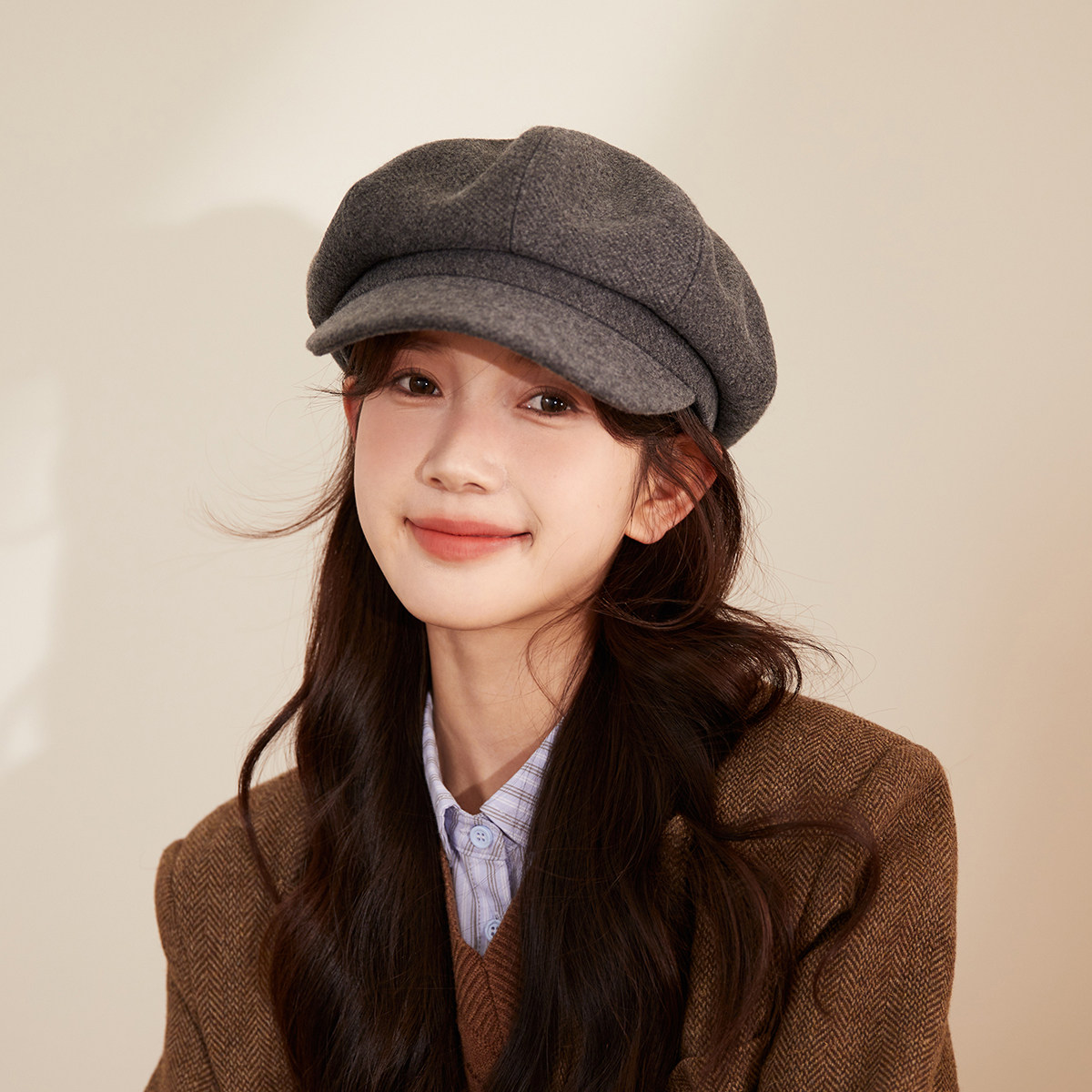 秋冬大帽顶纯色八角帽女高级感灰色厚款毛呢贝雷帽气质复古报童帽,淘宝优惠券,粉丝福利购,淘宝优惠卷