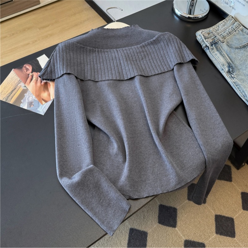 酒红色荷叶边针织衫女长袖2026春季新款半高领套头毛衣打底衫上衣 - 图3