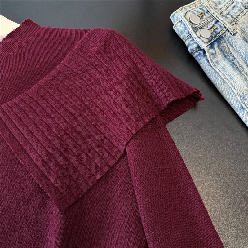 酒红色荷叶边针织衫女长袖2026春季新款半高领套头毛衣打底衫上衣 - 图0