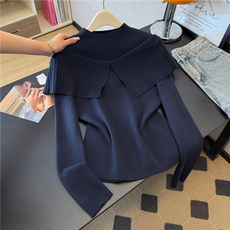 酒红色荷叶边针织衫女长袖2026春季新款半高领套头毛衣打底衫上衣 - 图1