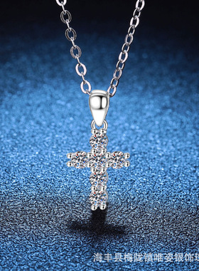 925纯银项链莫桑石吊坠满钻简约韩版十字架60分D色莫桑石项链