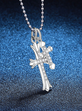 S925纯银项链莫桑石吊坠 嘻哈韩版十字架锁骨链D色莫桑石项链