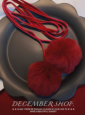 新款手作圣诞可爱毛毛球项链长款系带蝴蝶结酒红色约会配饰choker