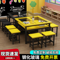 Kindergarten Glass Painting Table Fine Art Table Calligraphy Handcrafted Painting Room Table Students Tutorial Training Tutoring Class Table And Chairs