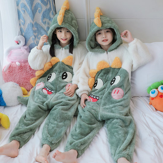 儿童睡衣男孩秋冬连体珊瑚绒女童加厚法兰绒宝宝卡通中大童家居服