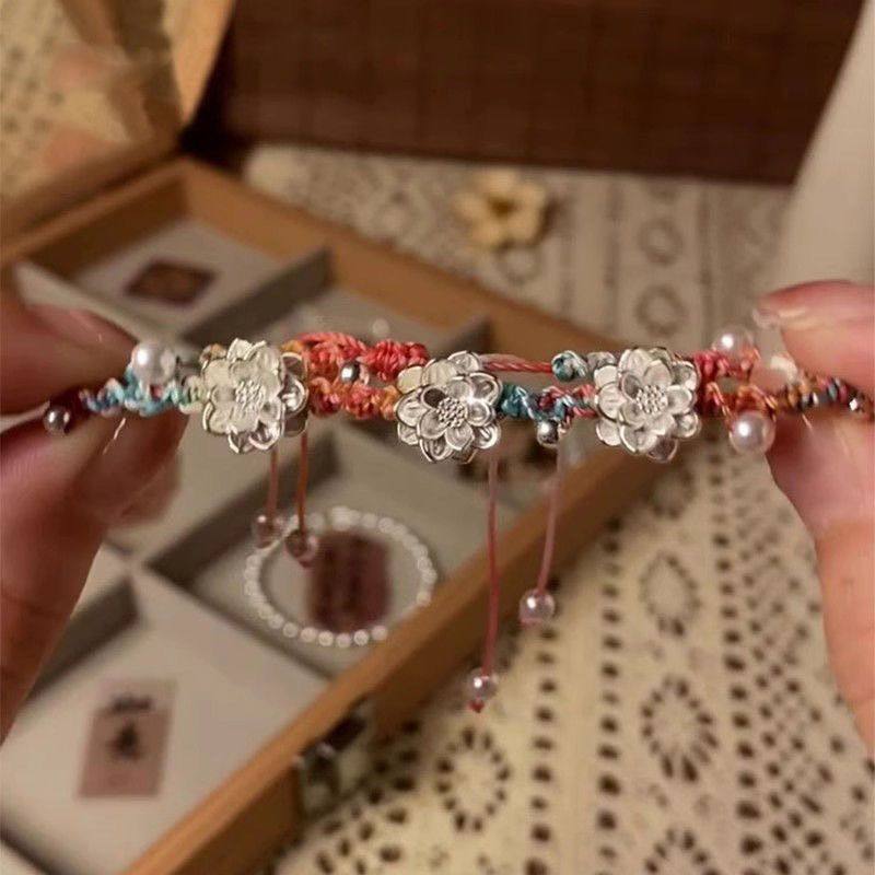 国潮新中式莲花手链高颜值气质送女友精致设计感彩色编绳国风手饰,淘宝优惠券,粉丝福利购,淘宝优惠卷