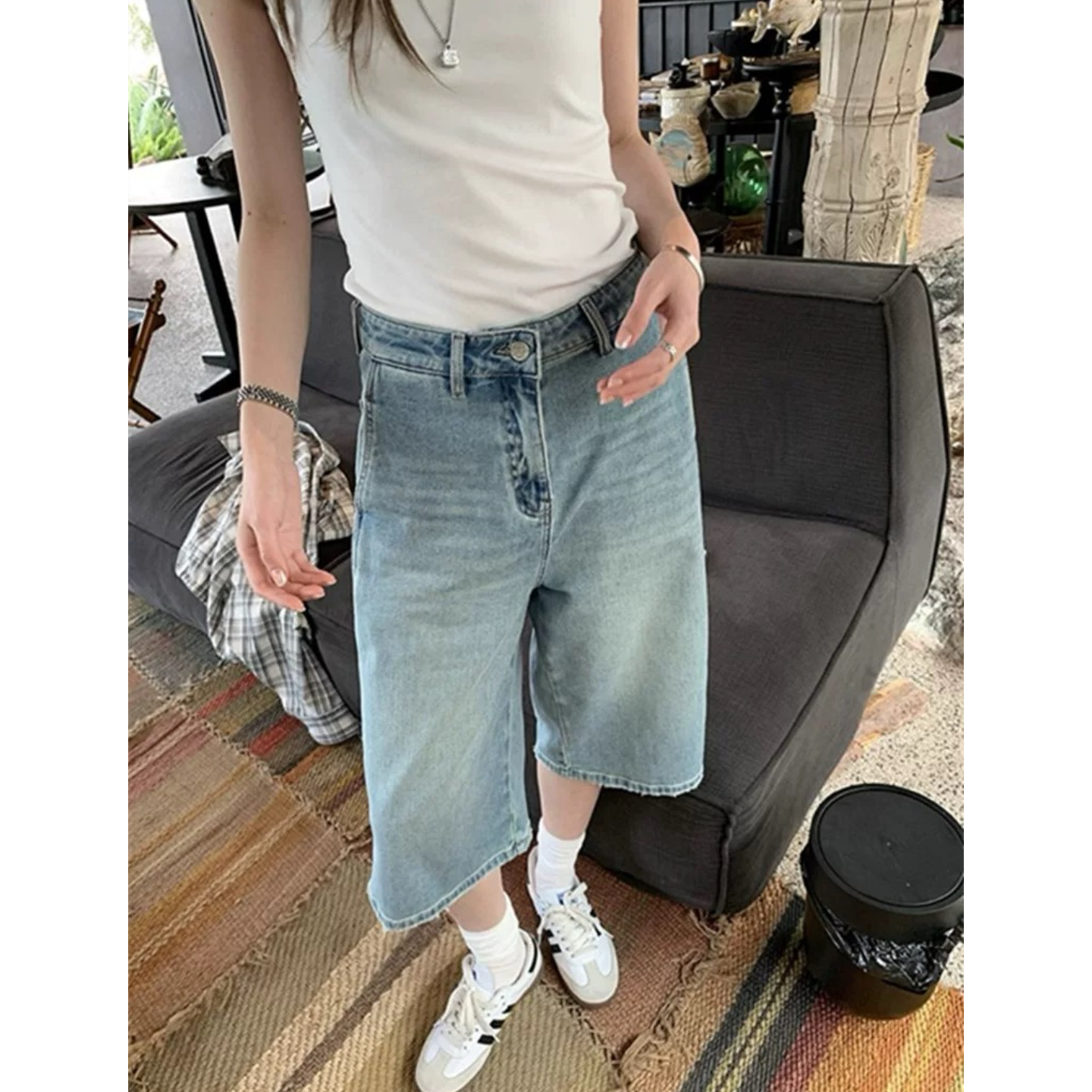 大碗plus定制大码女装微胖复古水洗阔腿牛仔夏高腰宽松显瘦七分裤 - 图1