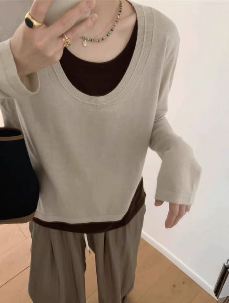 大碗plus定制大码女装微胖撞色假两件慵懒针织毛衣秋洋气显瘦上衣 - 图1