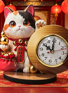 招财猫时钟摆台财运钟表创意财源滚滚桌面摆件卧室家用招财进宝