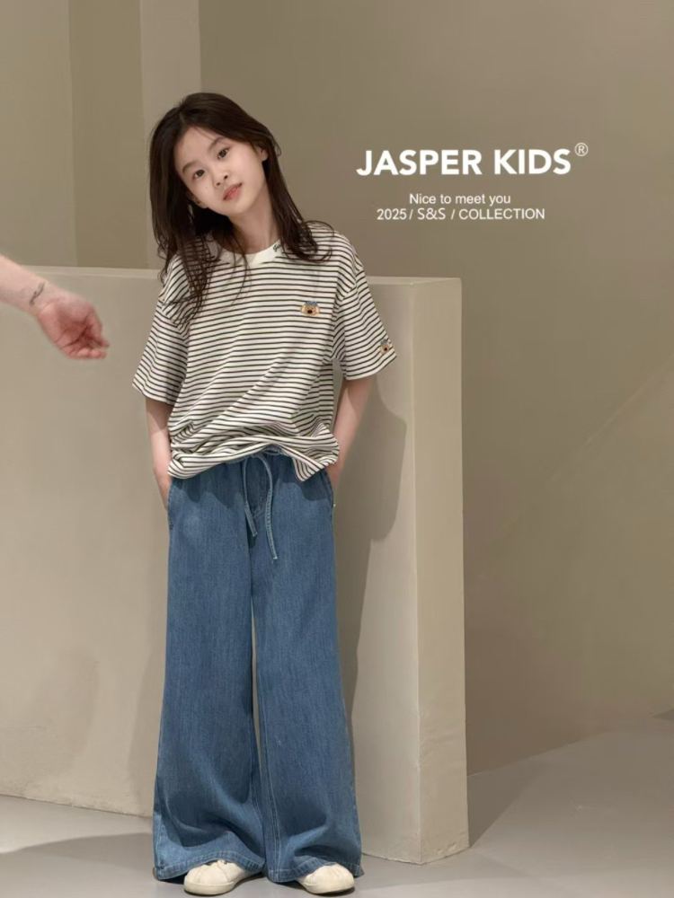 Jasper kids韩版2025夏款女童卡通刺绣短袖T恤中大童百搭条纹打底 - 图0
