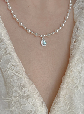 LUORORMIN 海蓝水滴坠珍珠项链正圆白色珍珠锁骨链高级感礼物女