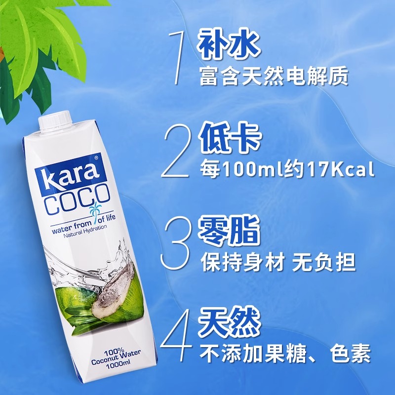 Kara100%椰子水1L补充电解质水印尼进口椰青椰饮料0脂低卡瓶装 - 图0