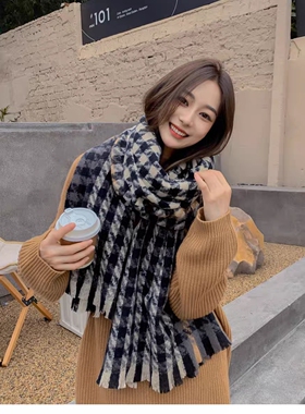 撞色千鸟格围巾女冬季高级感格纹围脖保暖气质情侣百搭格子披肩
