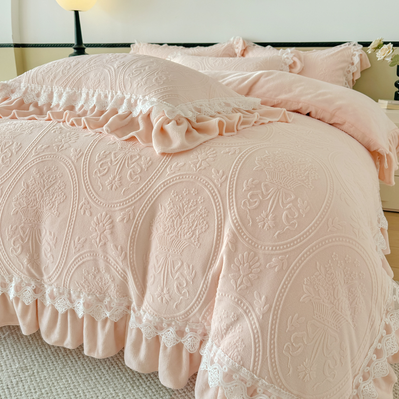 秋冬天优质牛奶绒蕾丝花边2米x2米2大床四件套轻奢高级感主卧室 - 图3