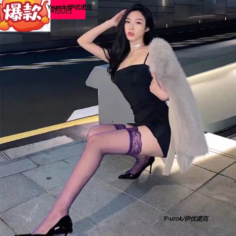 紫色蕾丝边过膝袜防滑长筒袜透视薄款性感女袜ins - 图0