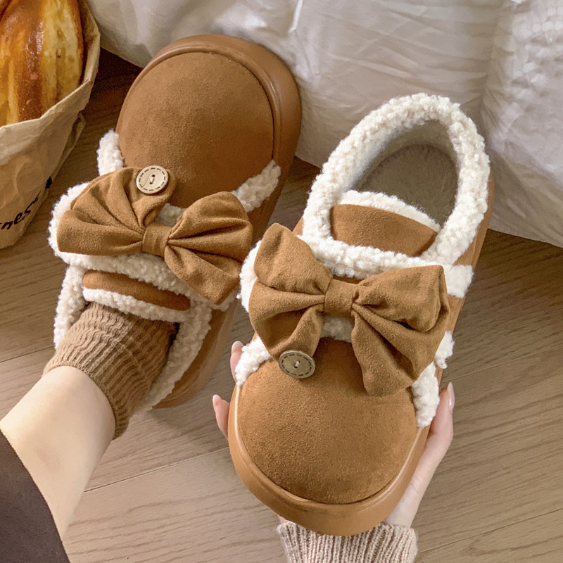 蝴蝶结可爱棉拖鞋女新款冬季居家办公一脚蹬保暖魔术贴全包跟棉鞋,淘宝优惠券,粉丝福利购,淘宝优惠卷