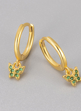 欧美跨境小清新百搭睡觉不用摘耳圈形小巧蝴蝶镶锆石耳坠耳扣耳环